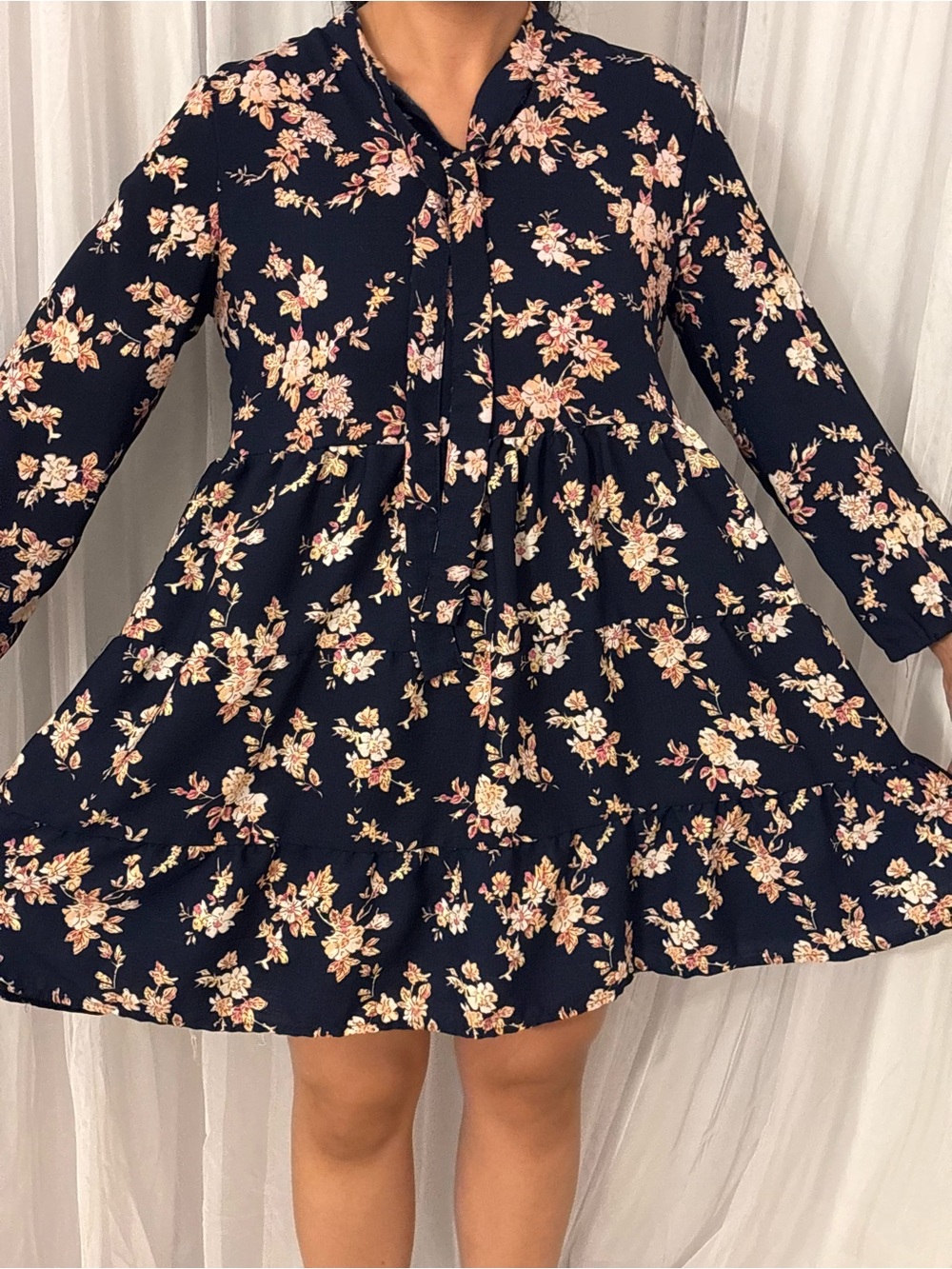 Womens' Navy Floral Tie-Neck Tiered Dress